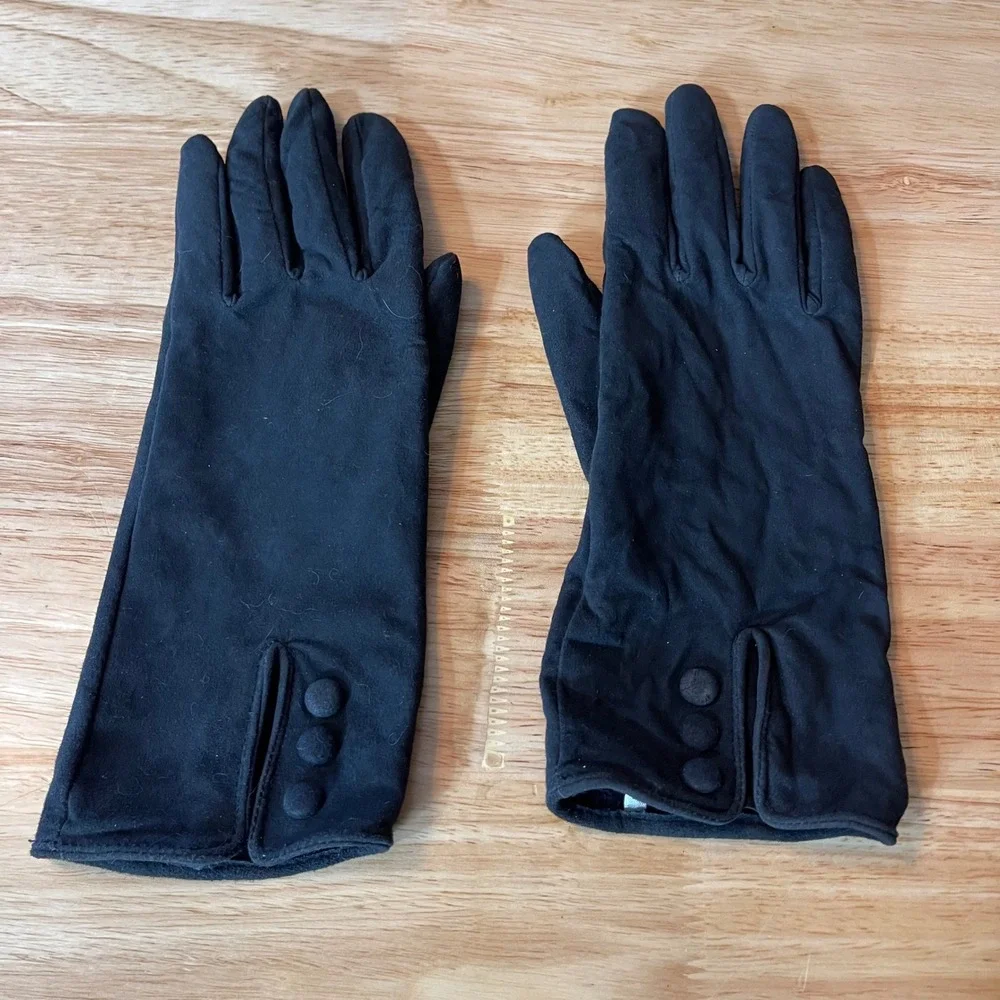 Lands End Black Goatskin Suede Gloves Women Medium 7 Button Wrist Detail Classic